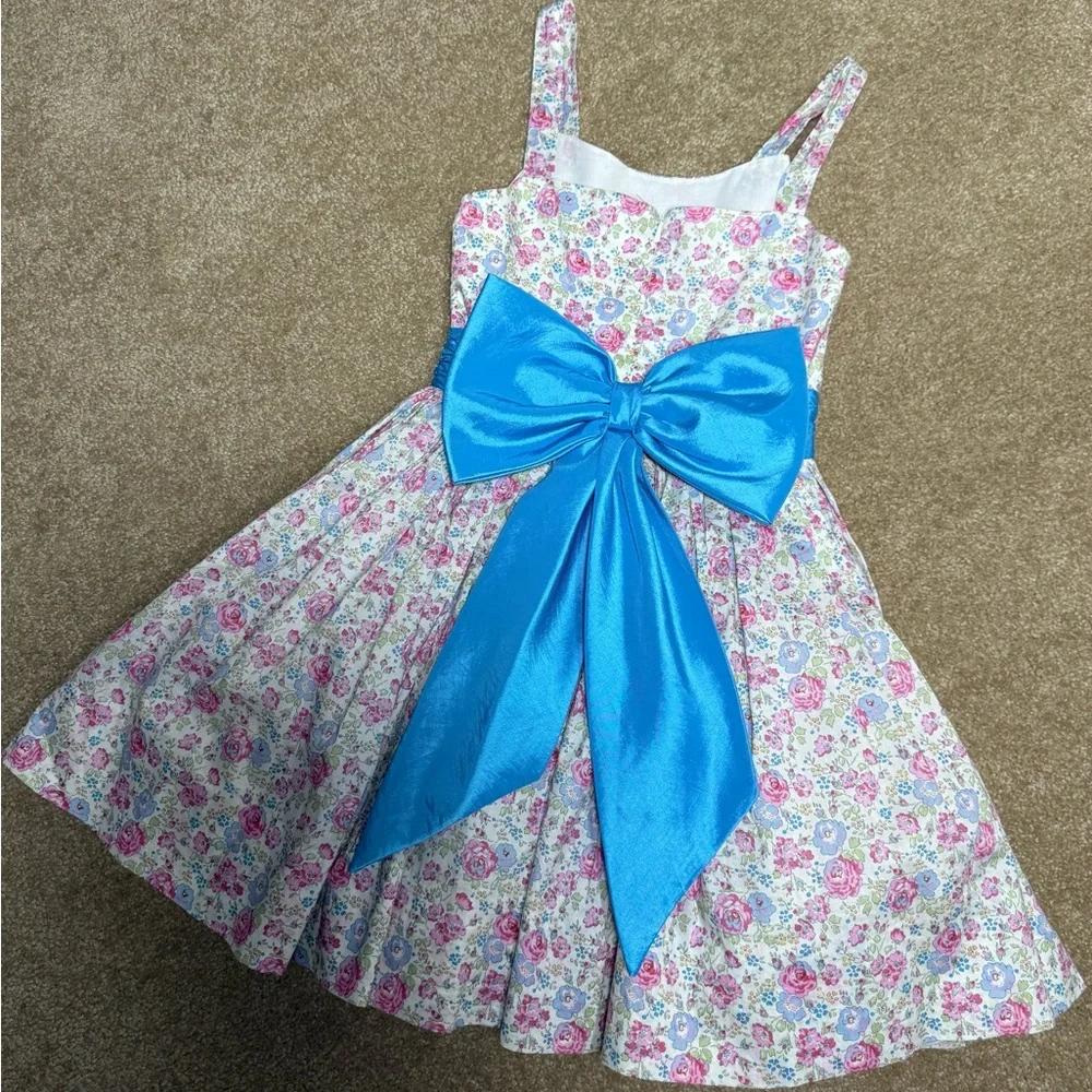 Girl’s Handmade Floral Dress with Blue Bow, | Vintage Aesthetic | Size 5